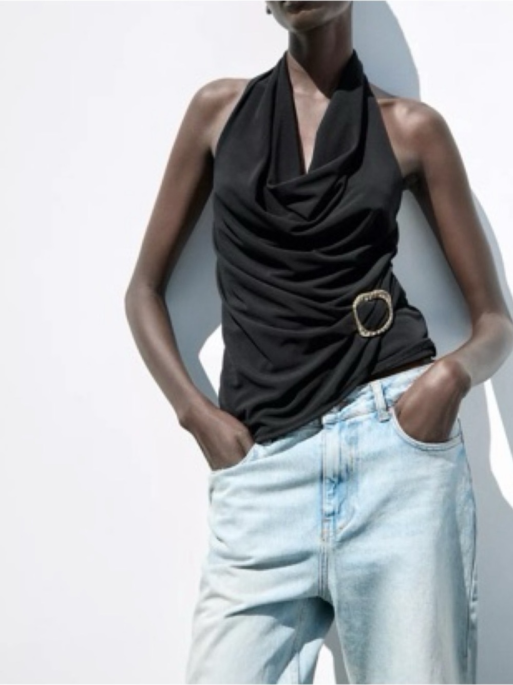 Zara Black Draped Halter Top with Gold Detail